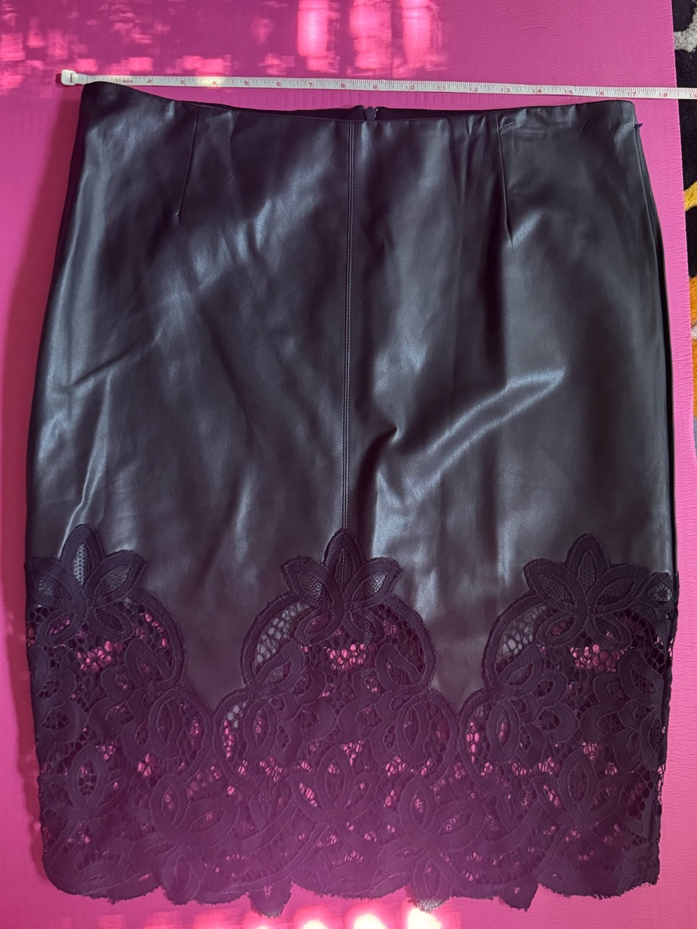 Bailey 44 Black Faux Leather Pencil Skirt with Lace Trim